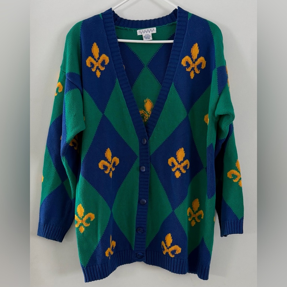 Vintage Picone Sport Argyle Cardigan Sweater M Blue Green Fleur De Lis Preppy